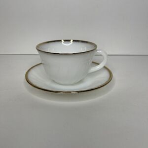 (1) Vintage Fire King Glass Cup Teacup Saucer White‎ Swirl Gold Rim Oven Ware